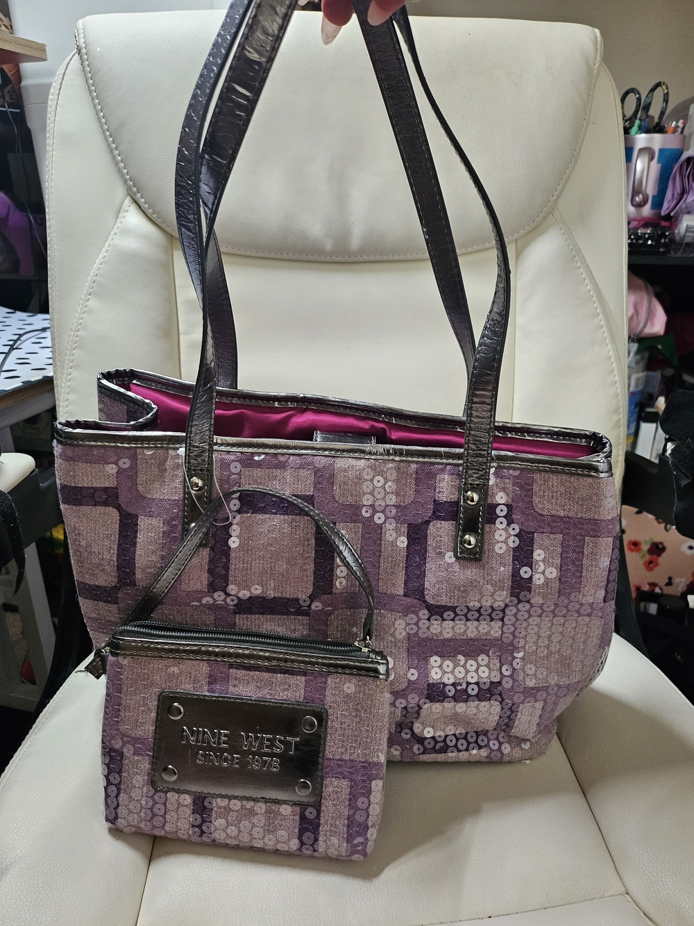 Nine West Purple Sequins Geometric Tote with Matching Pouch